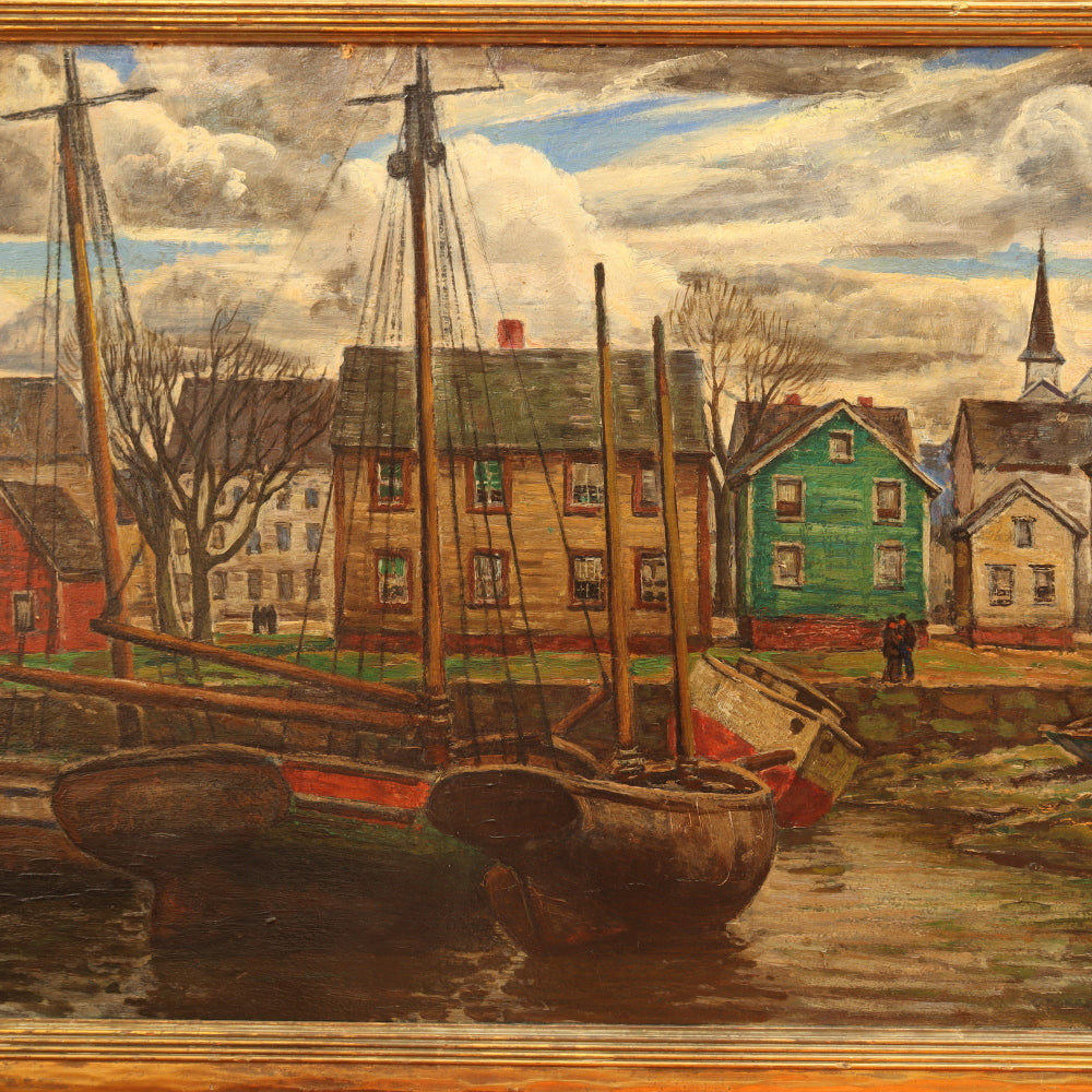 AW818: George Macrum New England Fishing Port Oil on Board Painting WPA