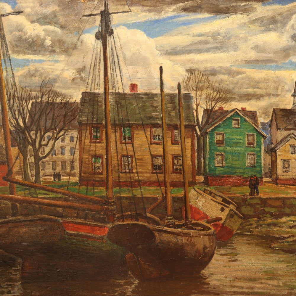 AW818: George Macrum New England Fishing Port Oil on Board Painting WPA