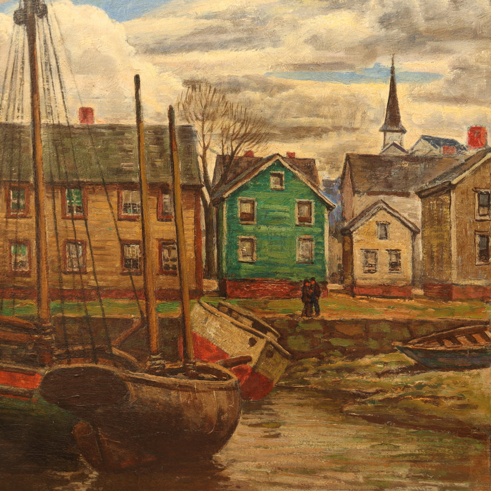 AW818: George Macrum New England Fishing Port Oil on Board Painting WPA