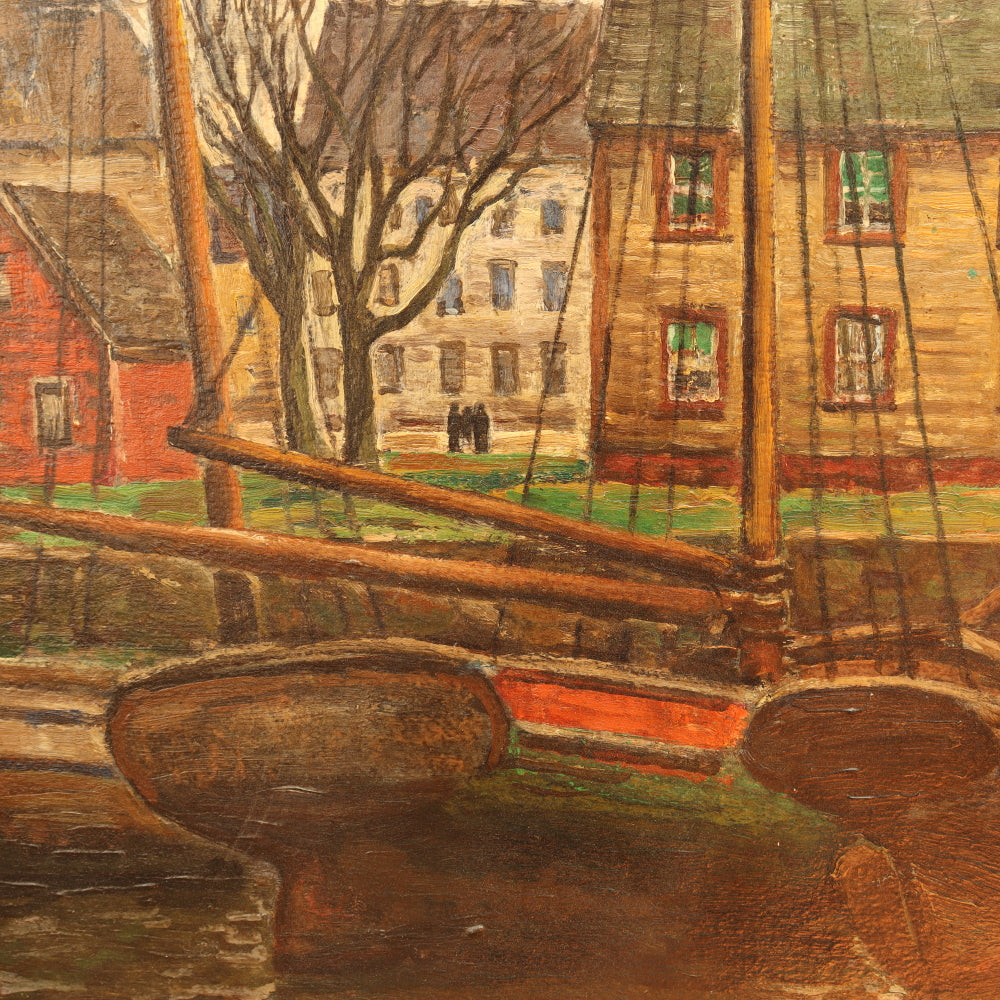 AW818: George Macrum New England Fishing Port Oil on Board Painting WPA