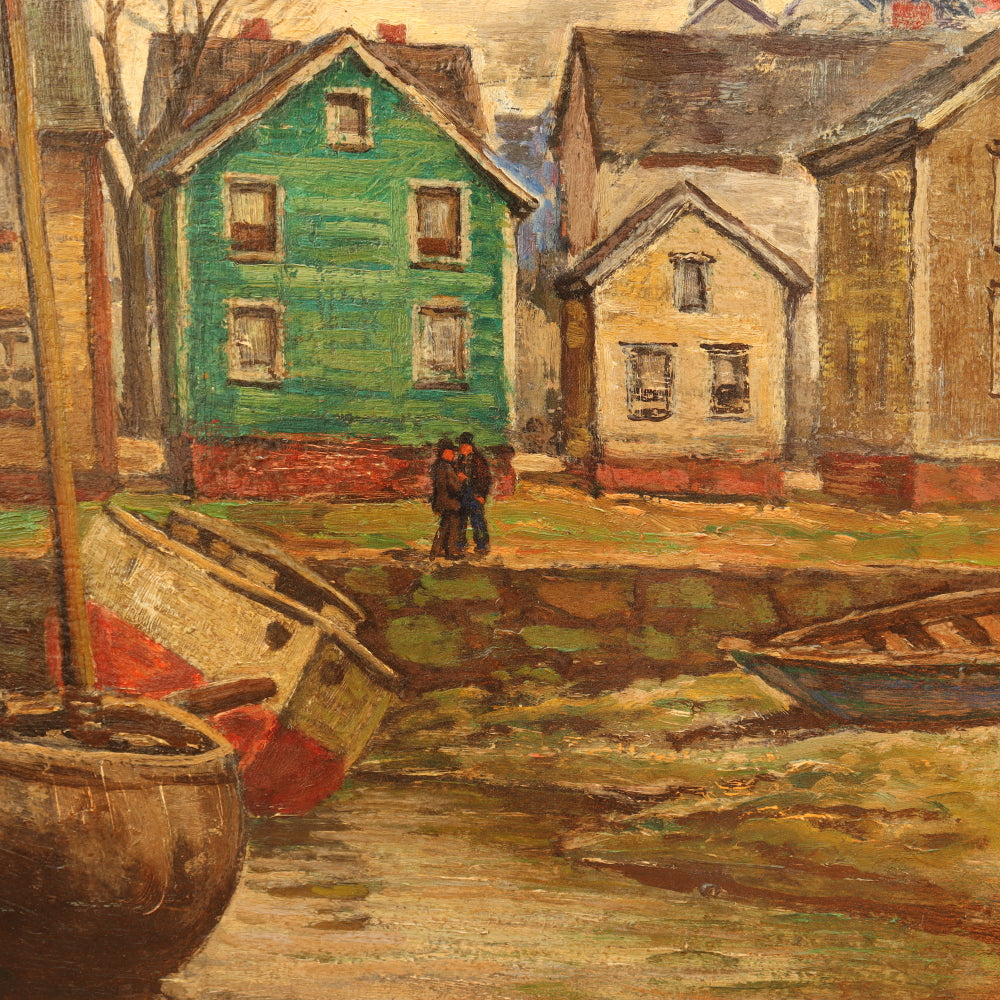 AW818: George Macrum New England Fishing Port Oil on Board Painting WPA