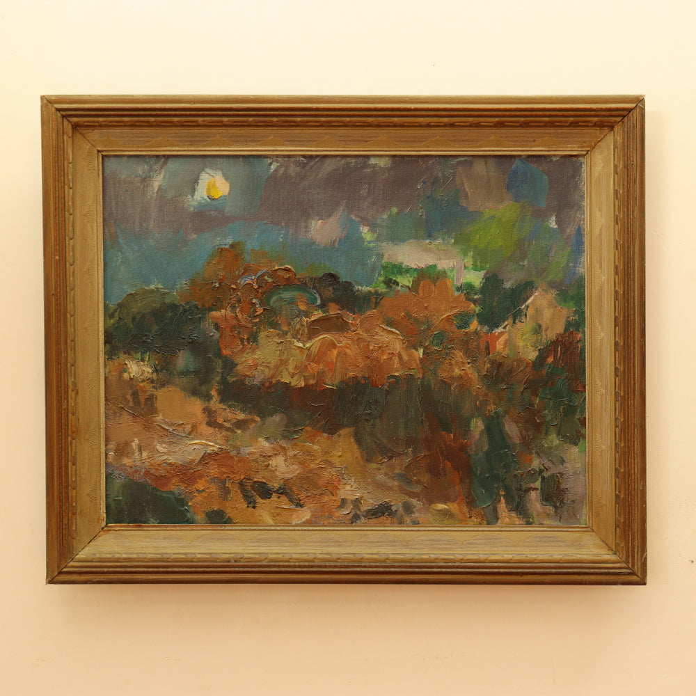 AW543: Carl Zimmerman - "Autumn Twilight” American Modernist Landscape Oil on Board Painting