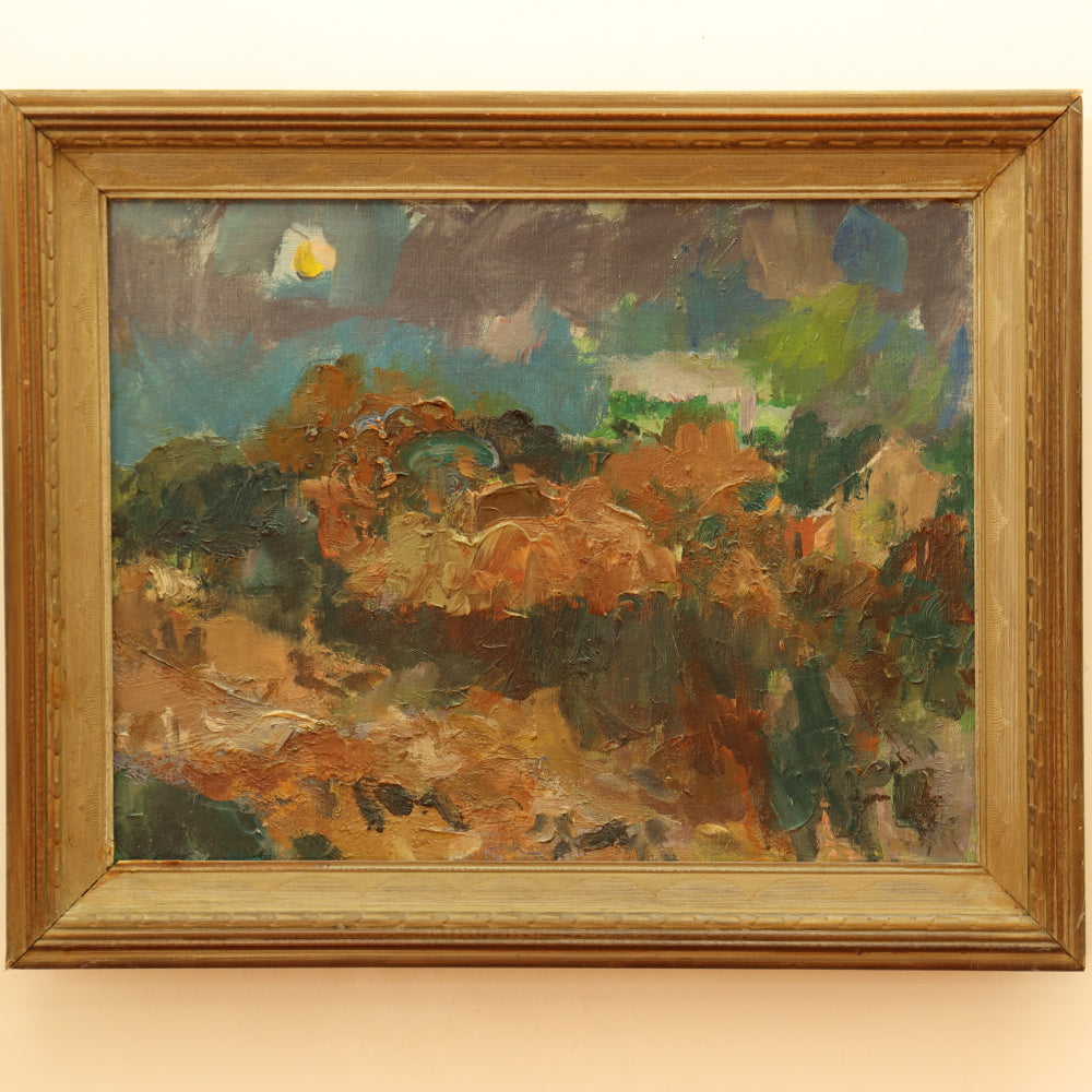 AW543: Carl Zimmerman - "Autumn Twilight” American Modernist Landscape Oil on Board Painting