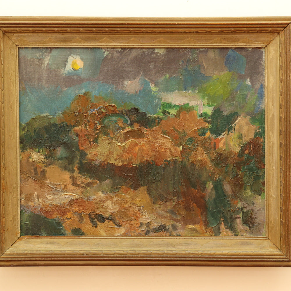 AW543: Carl Zimmerman - "Autumn Twilight” American Modernist Landscape Oil on Board Painting