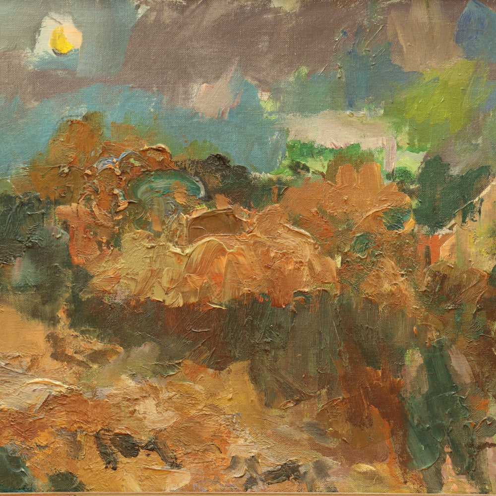 AW543: Carl Zimmerman - "Autumn Twilight” American Modernist Landscape Oil on Board Painting