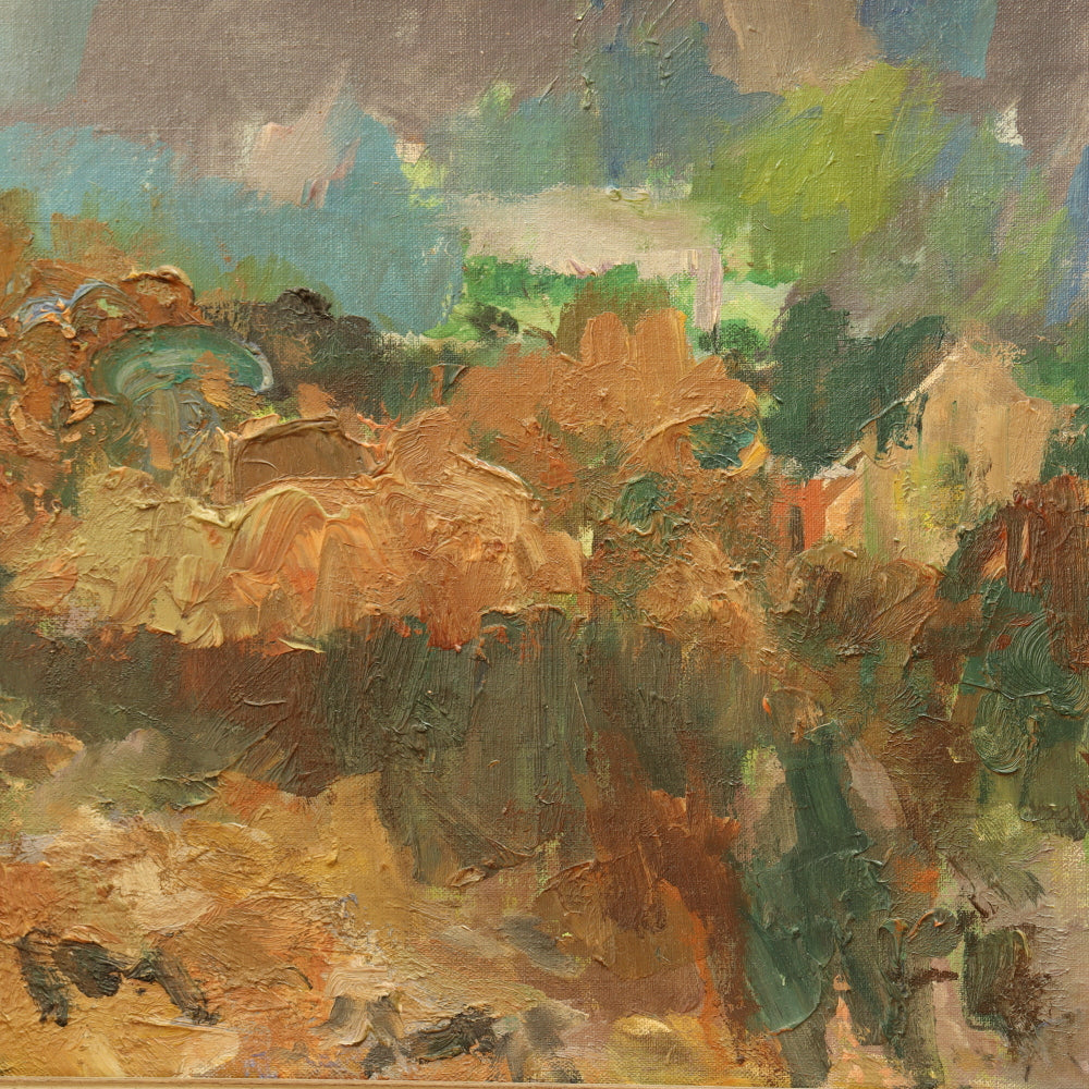 AW543: Carl Zimmerman - "Autumn Twilight” American Modernist Landscape Oil on Board Painting