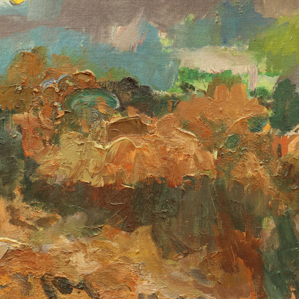 AW543: Carl Zimmerman - "Autumn Twilight” American Modernist Landscape Oil on Board Painting