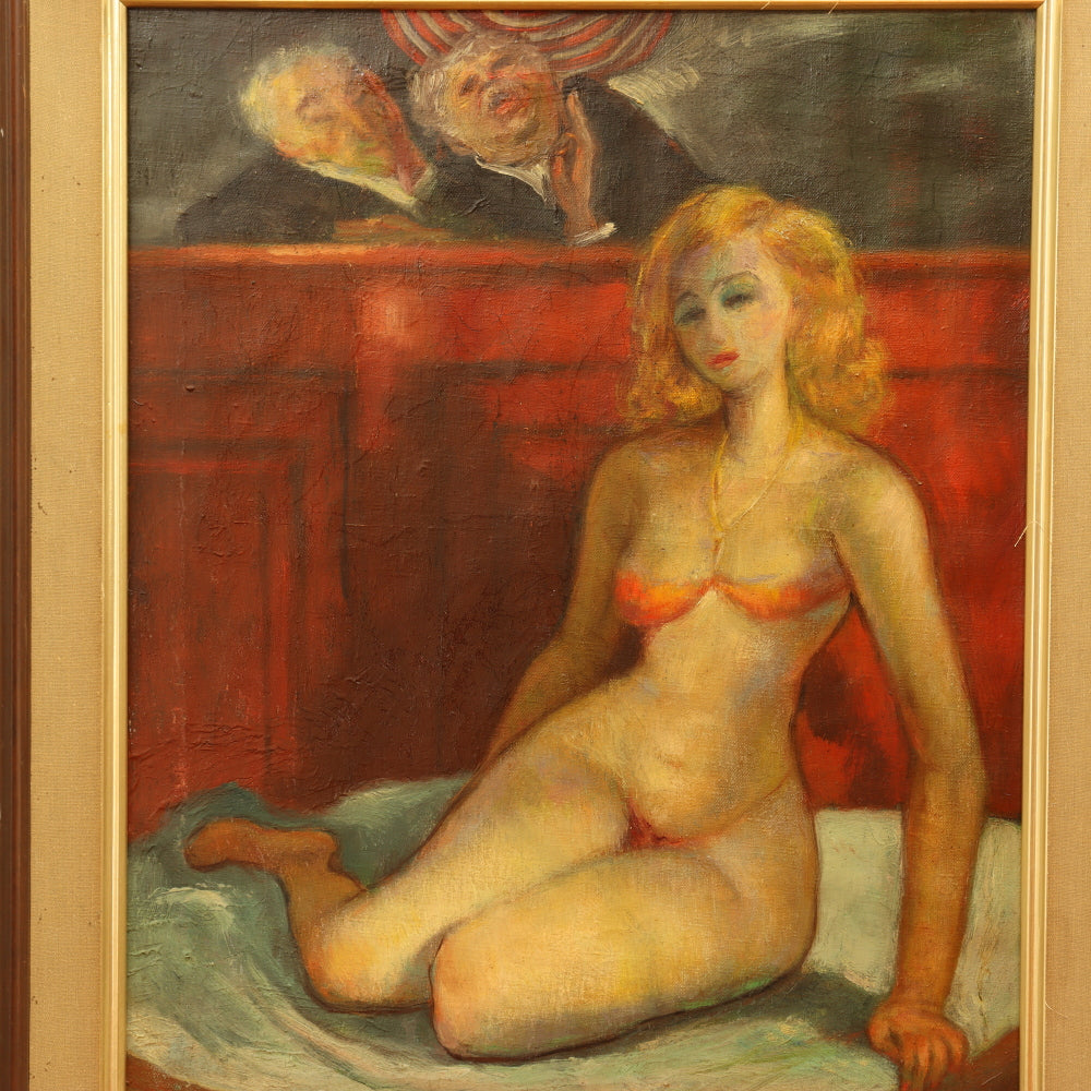 AW820: Jack Levitz Burlesque Girl's Day in Court WPA Ashcan Oil on Canvas Painting