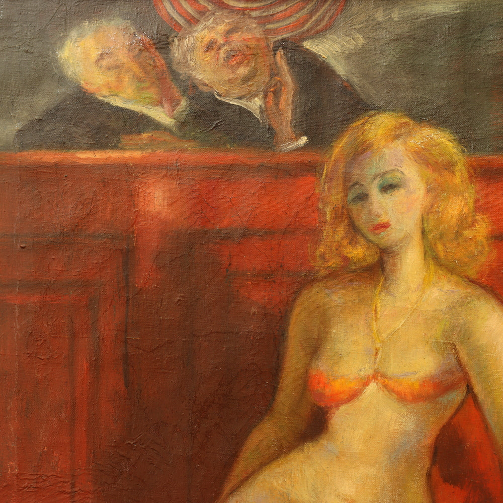 AW820: Jack Levitz Burlesque Girl's Day in Court WPA Ashcan Oil on Canvas Painting