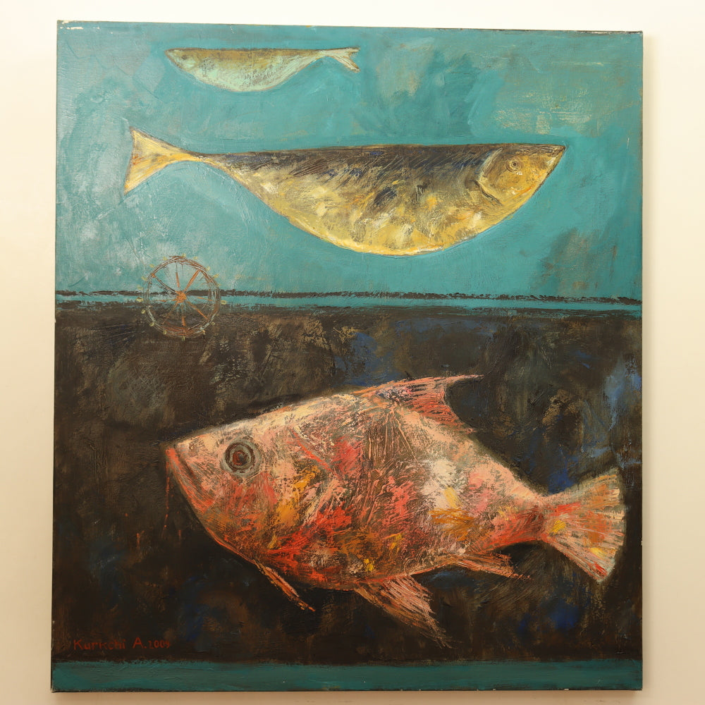 AW833: Aleksandr Kurchi Contemporary Oil on Canvas Painting of Three Fish