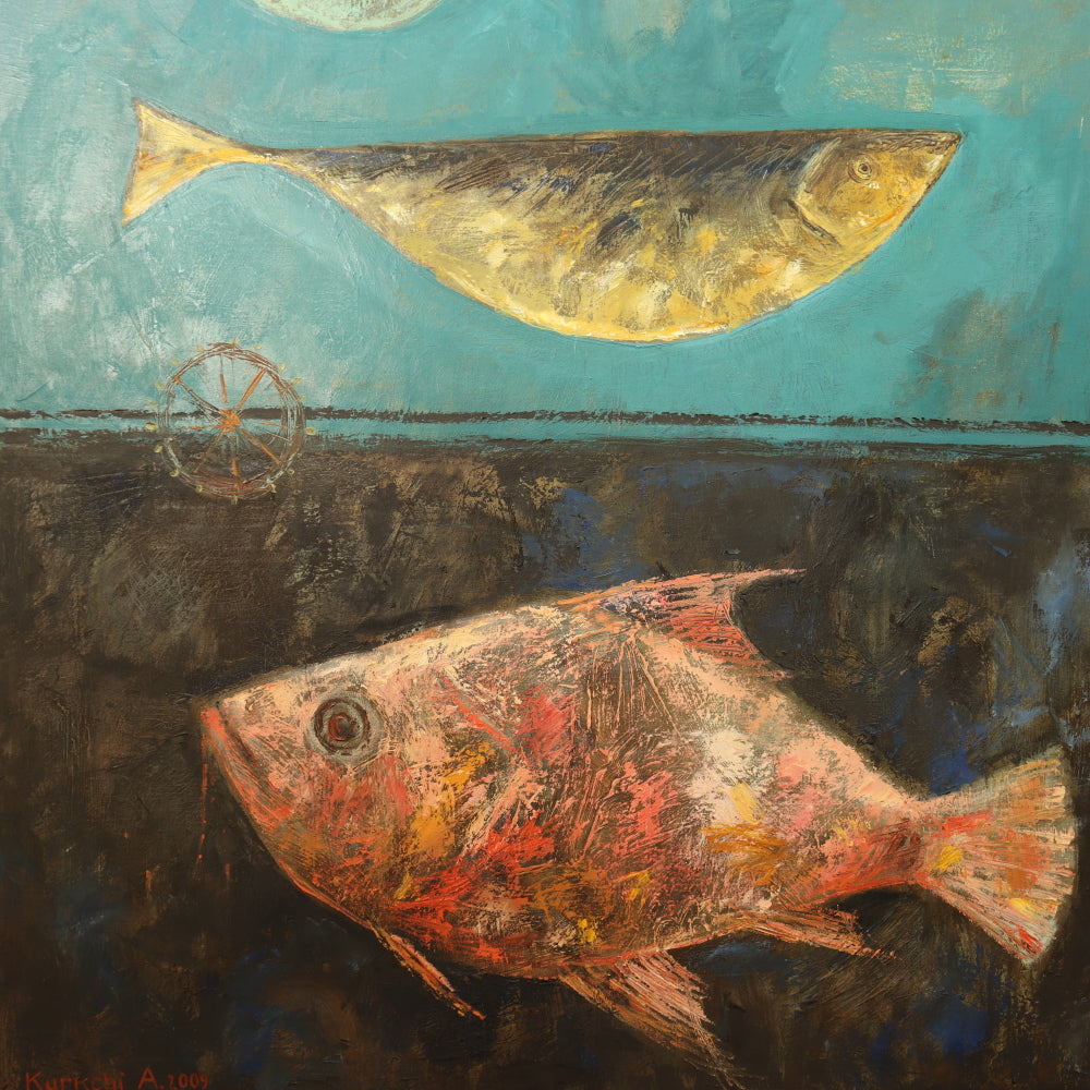 AW833: Aleksandr Kurchi Contemporary Oil on Canvas Painting of Three Fish