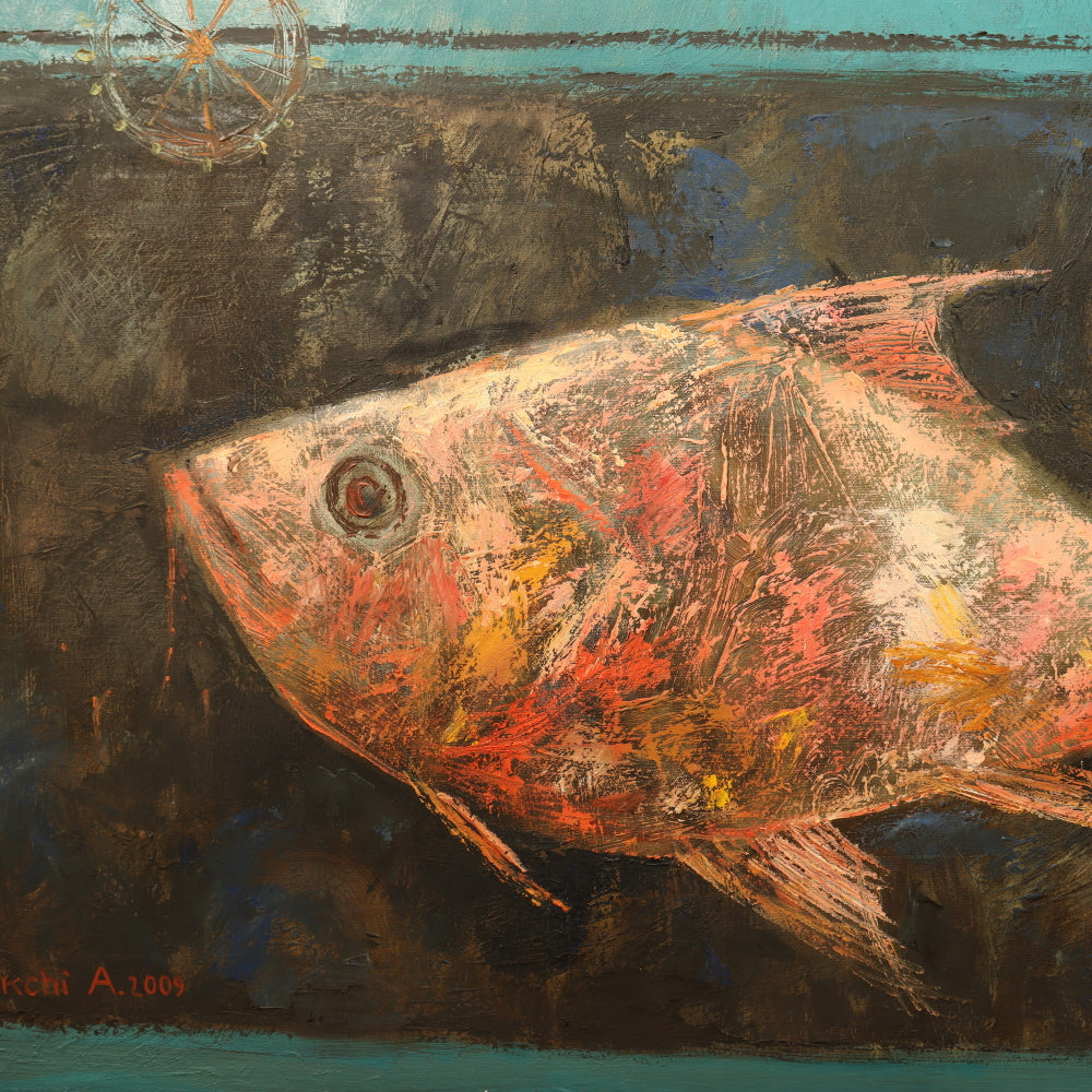 AW833: Aleksandr Kurchi Contemporary Oil on Canvas Painting of Three Fish