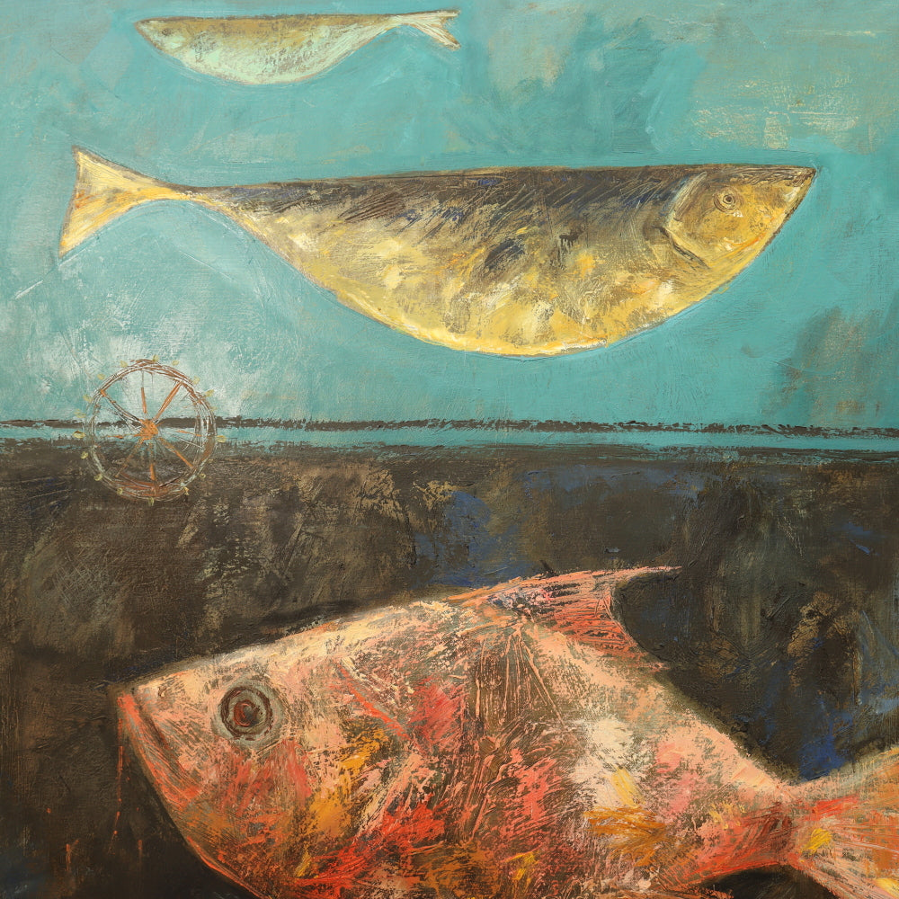 AW833: Aleksandr Kurchi Contemporary Oil on Canvas Painting of Three Fish