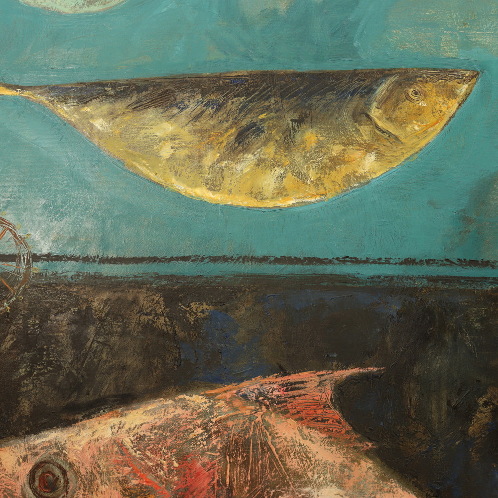 AW833: Aleksandr Kurchi Contemporary Oil on Canvas Painting of Three Fish