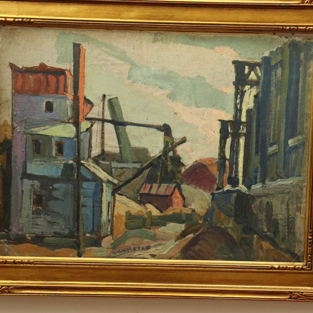 AW128: Jacob Seldin WPA  Industrial Scene Oil on Board