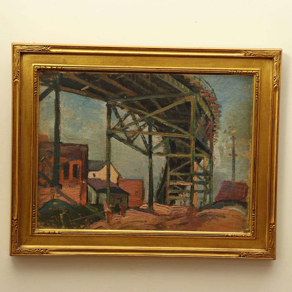 AW127: Jacob Seldin WPA Industrial Scene Oil on Board