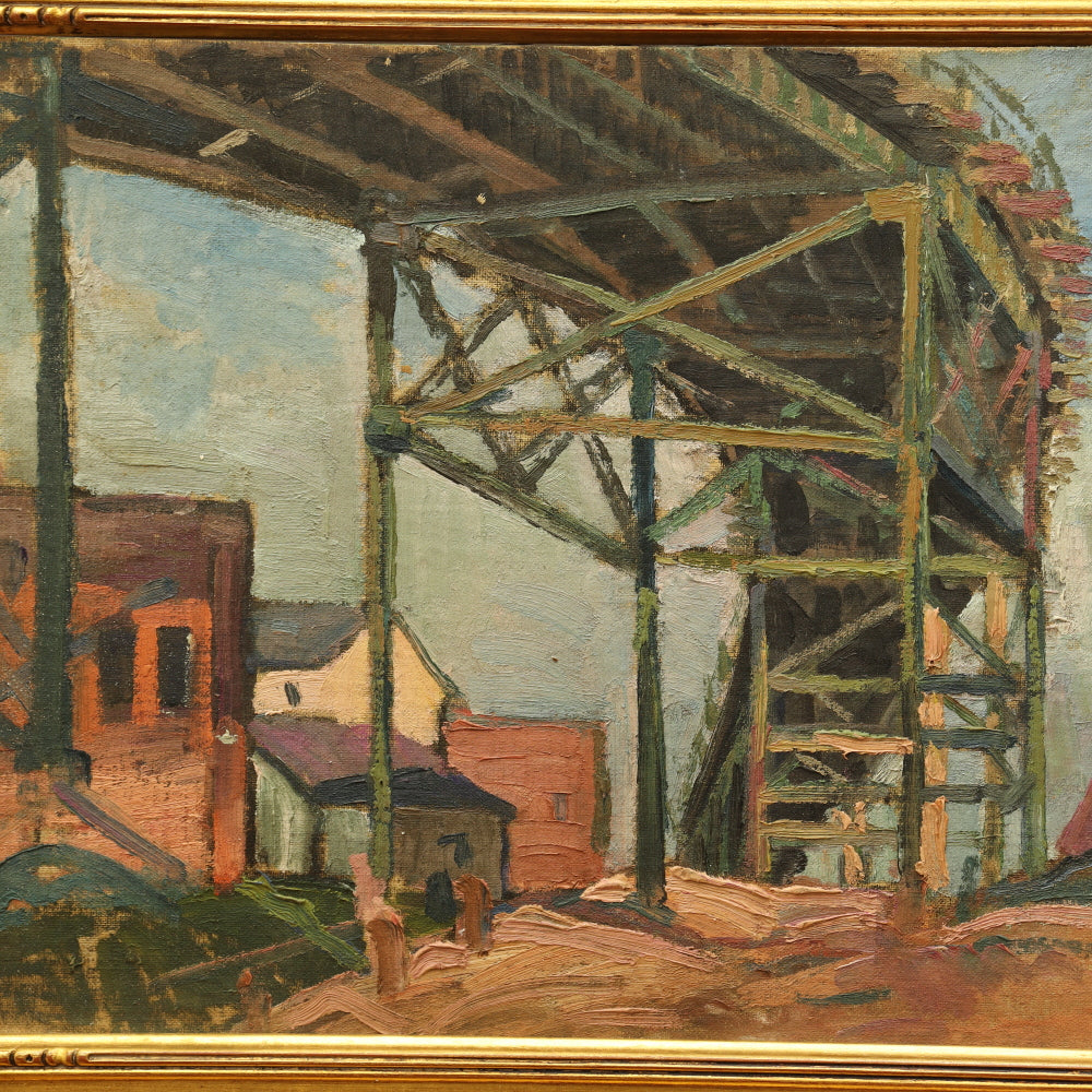 AW127: Jacob Seldin WPA Industrial Scene Oil on Board