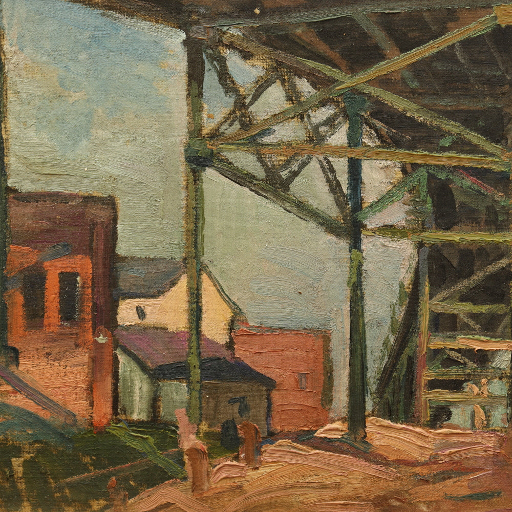 AW127: Jacob Seldin WPA Industrial Scene Oil on Board