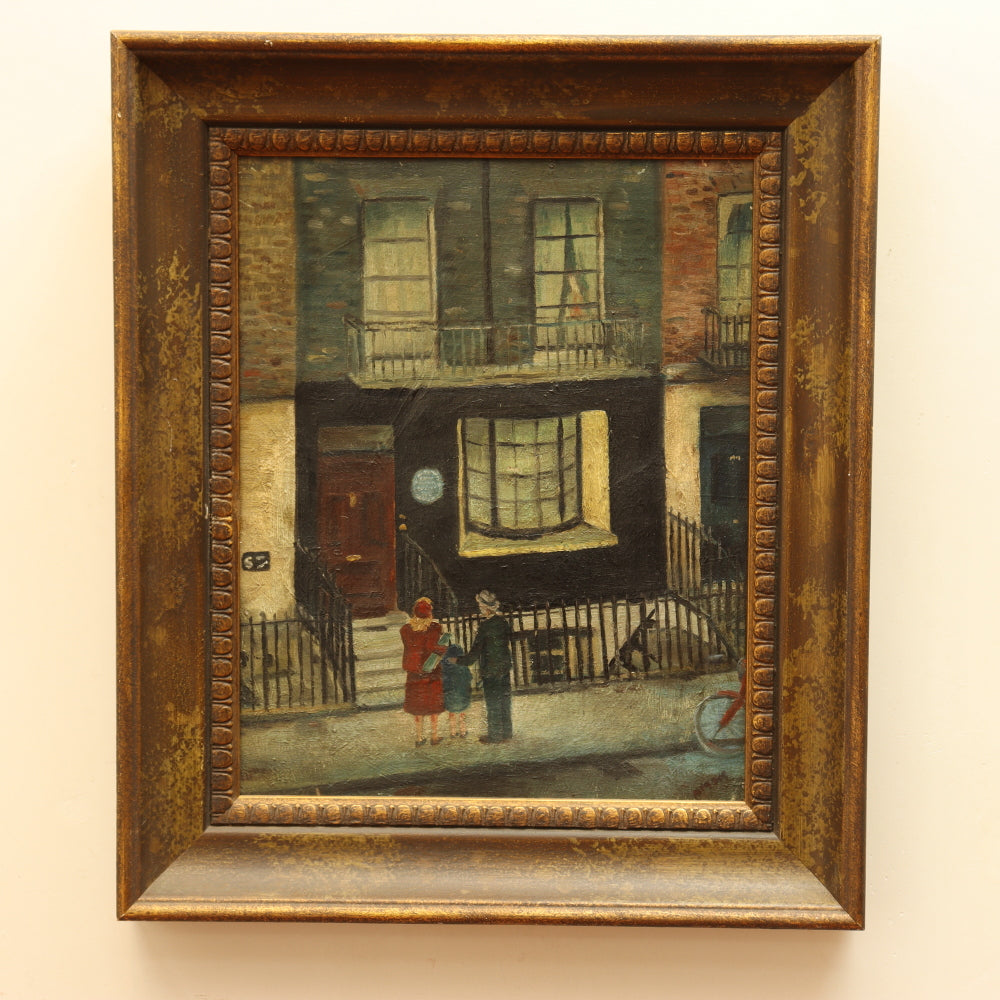 AW213: Ashcan School Brooklyn Townhouse Oil on Canvas Painting Circa 1946