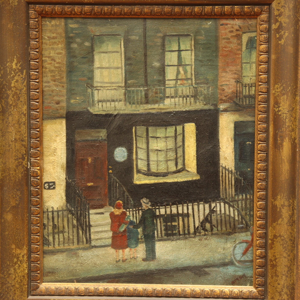 AW213: Ashcan School Brooklyn Townhouse Oil on Canvas Painting Circa 1946