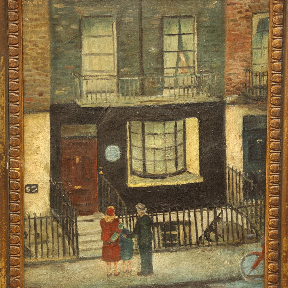 AW213: Ashcan School Brooklyn Townhouse Oil on Canvas Painting Circa 1946