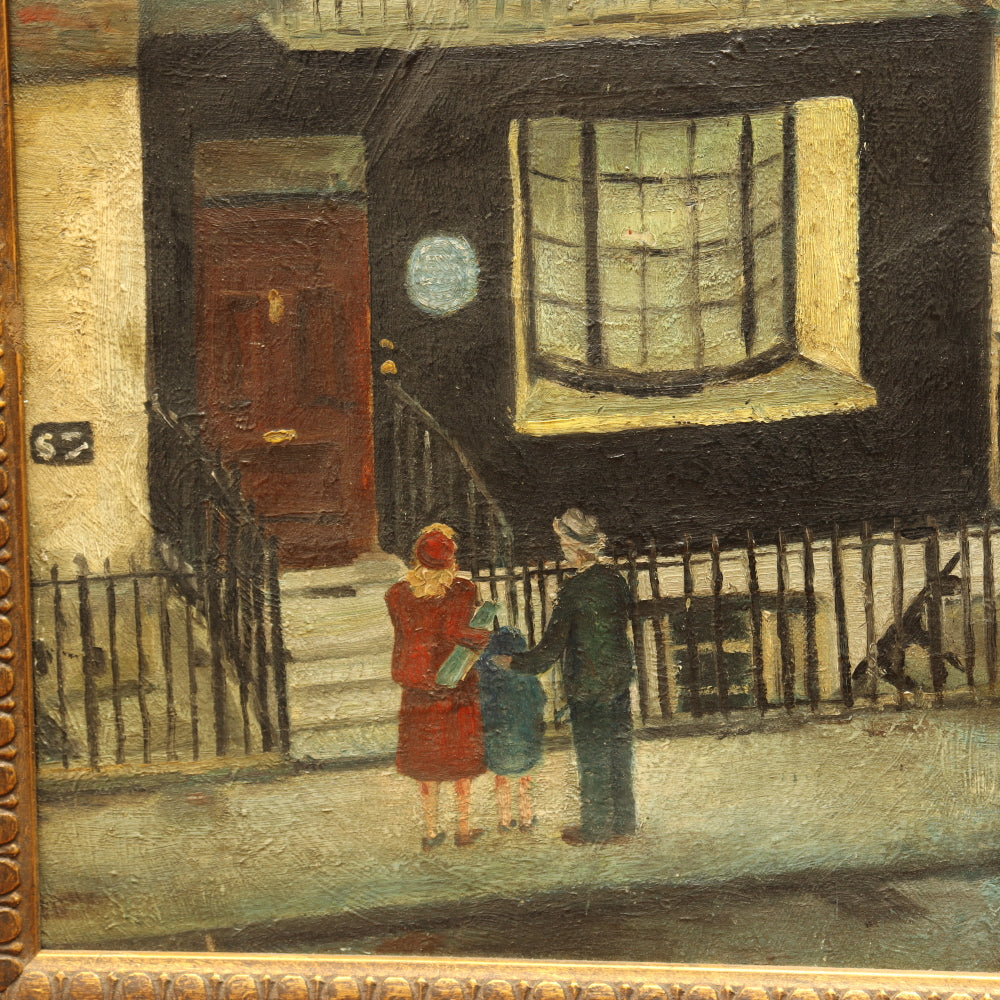 AW213: Ashcan School Brooklyn Townhouse Oil on Canvas Painting Circa 1946