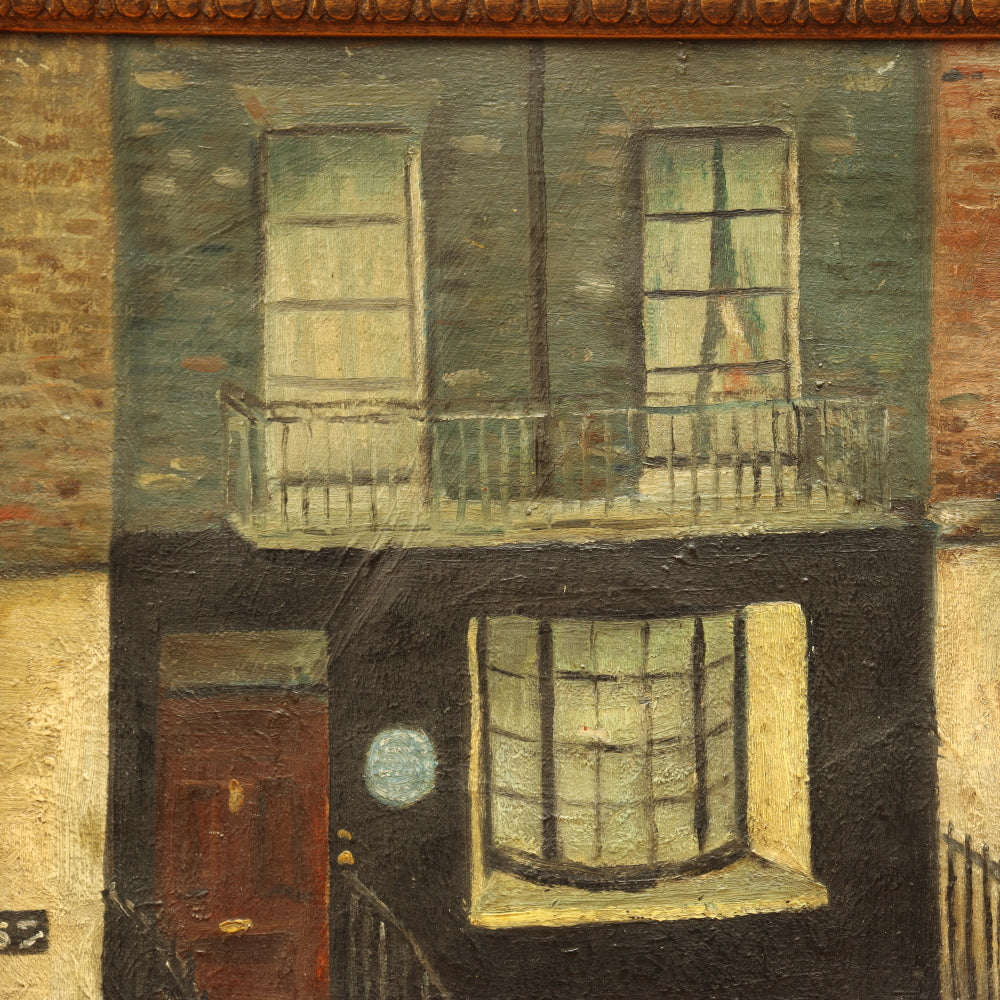 AW213: Ashcan School Brooklyn Townhouse Oil on Canvas Painting Circa 1946