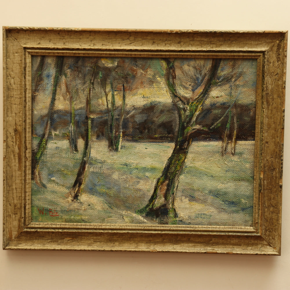 AW034: William George Erle "Winter Woods" Fauvist Landscape Oil on Burlap Canvas Painting