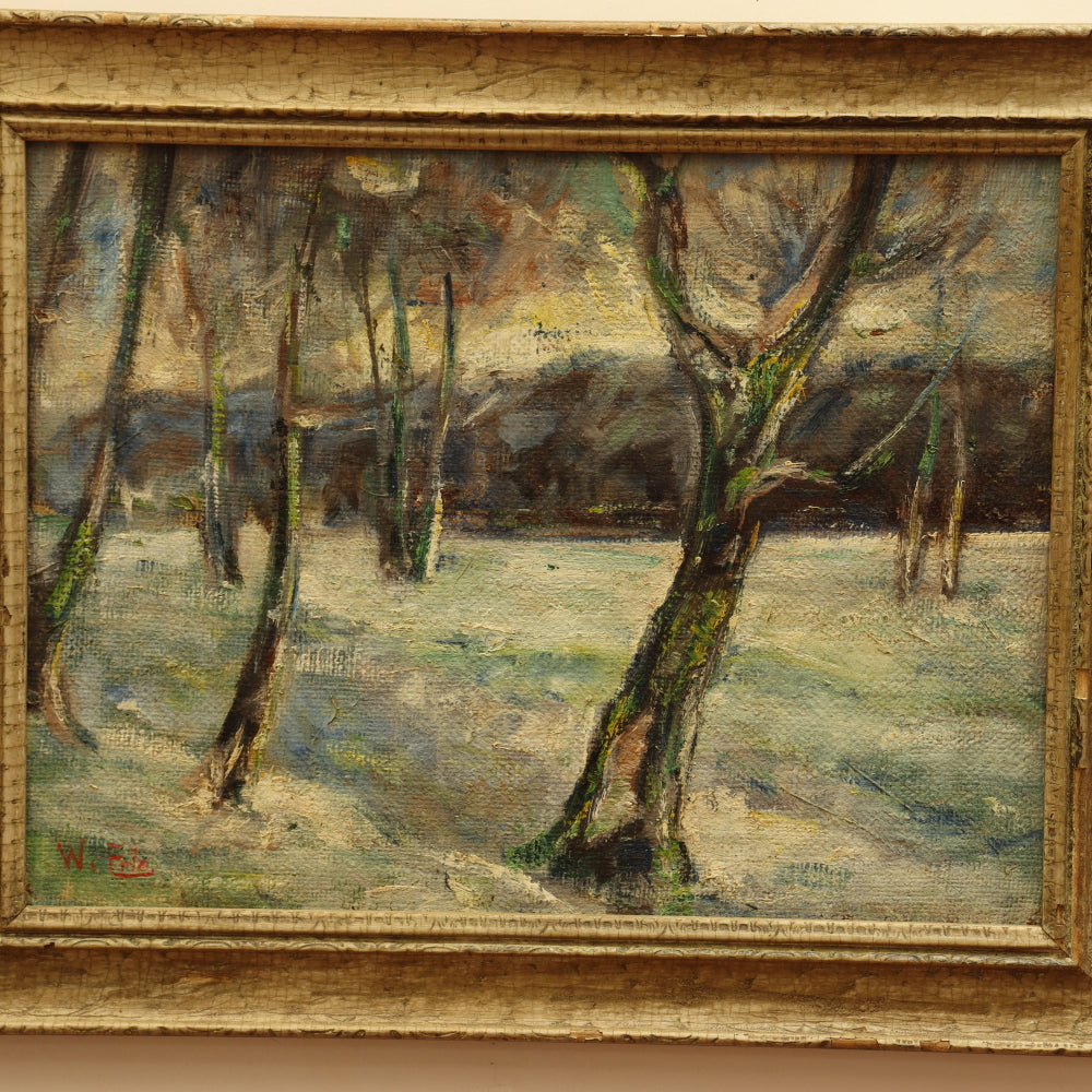 AW034: William George Erle "Winter Woods" Fauvist Landscape Oil on Burlap Canvas Painting