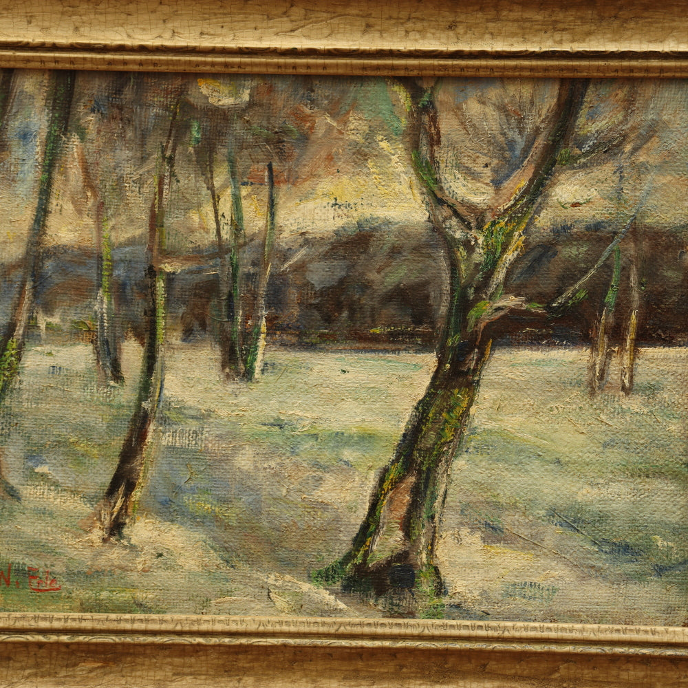 AW034: William George Erle "Winter Woods" Fauvist Landscape Oil on Burlap Canvas Painting