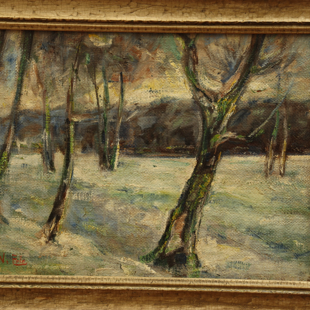 AW034: William George Erle "Winter Woods" Fauvist Landscape Oil on Burlap Canvas Painting