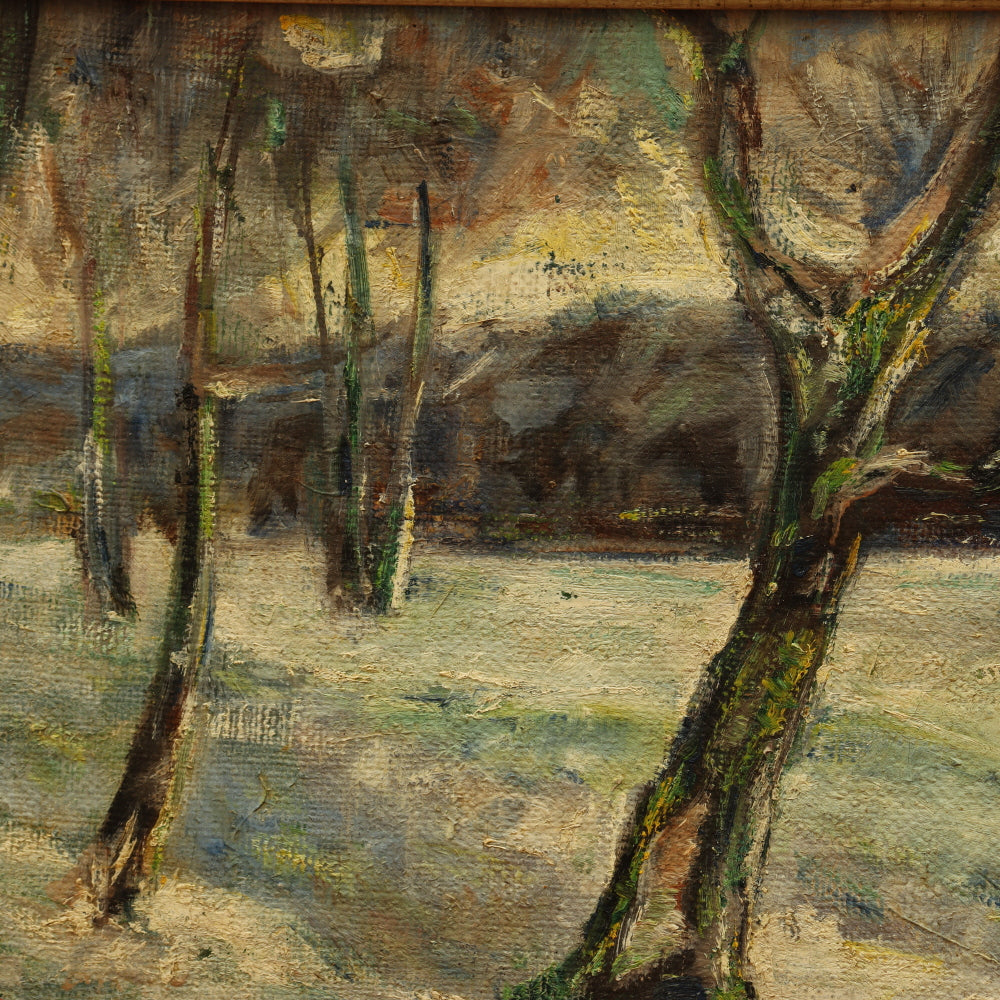 AW034: William George Erle "Winter Woods" Fauvist Landscape Oil on Burlap Canvas Painting