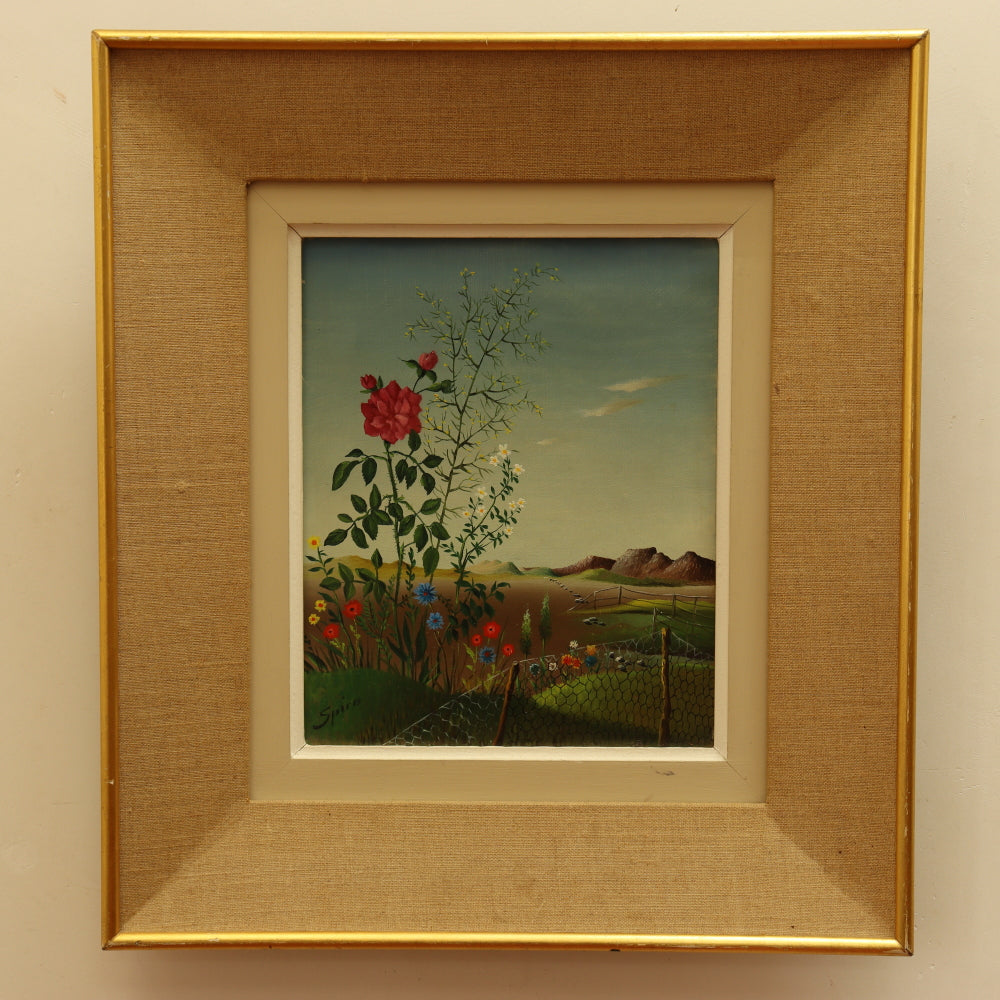 AW832: Georges Spiro Surrealist Wildflower Still Life Landscape Oil on Canvas