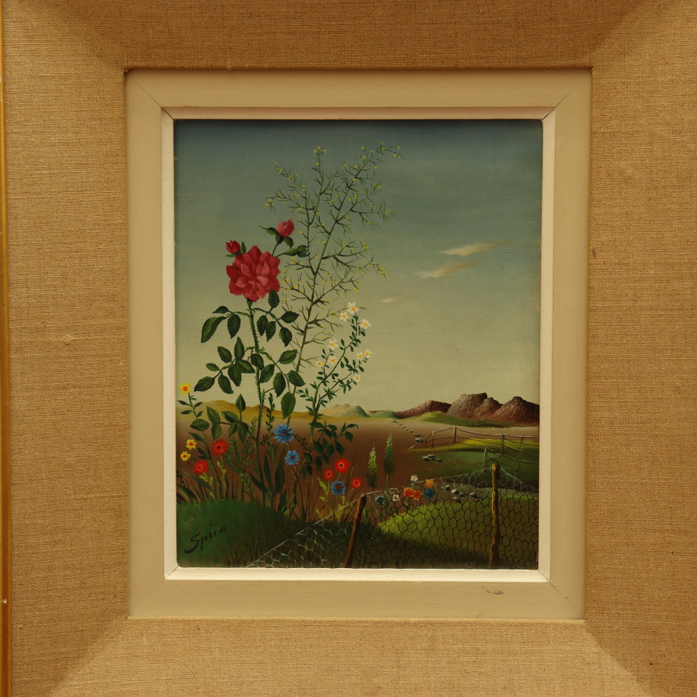 AW832: Georges Spiro Surrealist Wildflower Still Life Landscape Oil on Canvas