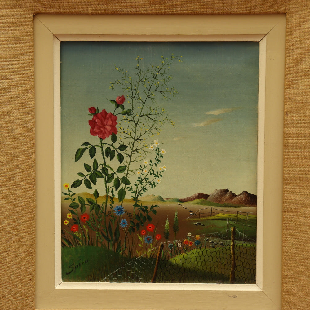 AW832: Georges Spiro Surrealist Wildflower Still Life Landscape Oil on Canvas