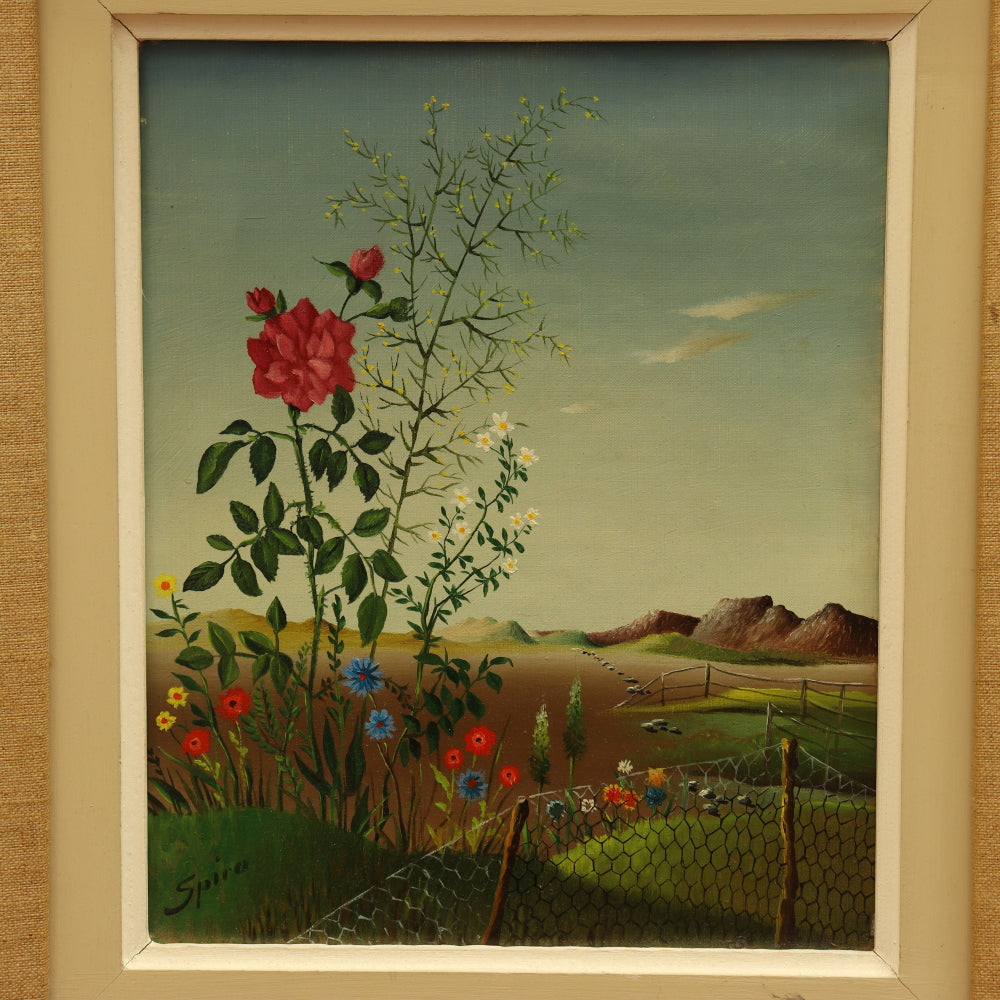 AW832: Georges Spiro Surrealist Wildflower Still Life Landscape Oil on Canvas