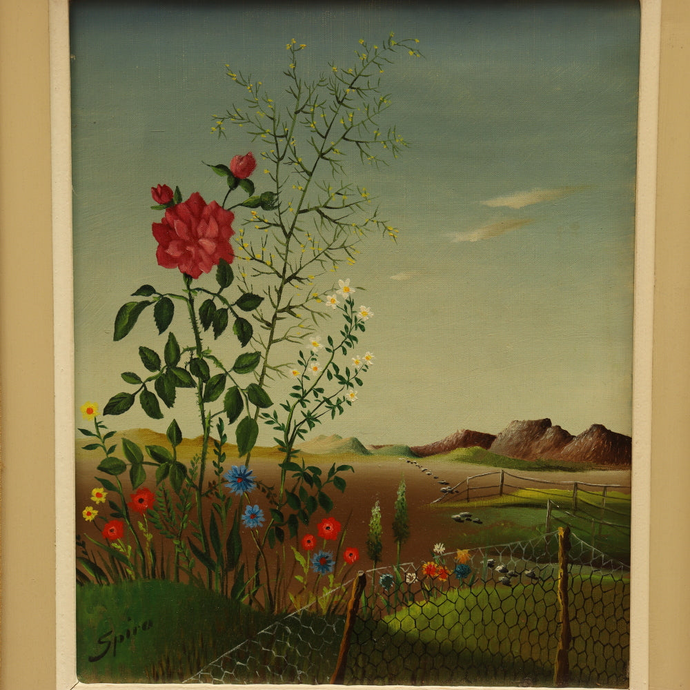 AW832: Georges Spiro Surrealist Wildflower Still Life Landscape Oil on Canvas