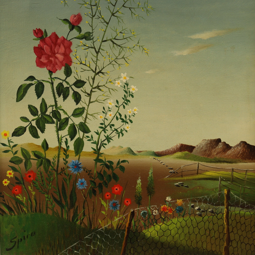 AW832: Georges Spiro Surrealist Wildflower Still Life Landscape Oil on Canvas