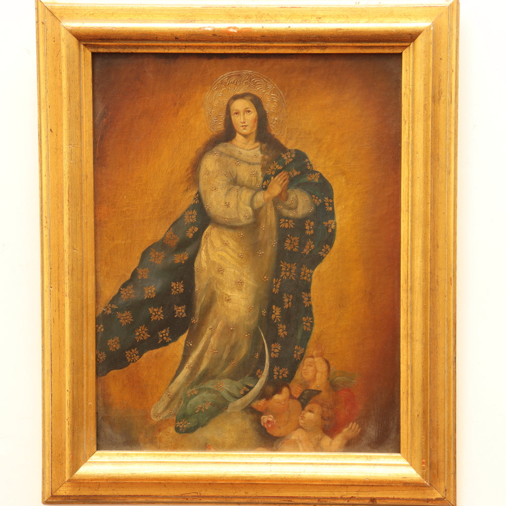 AW319: Madonna Spanish Colonial Style Oil on Canvas Painting