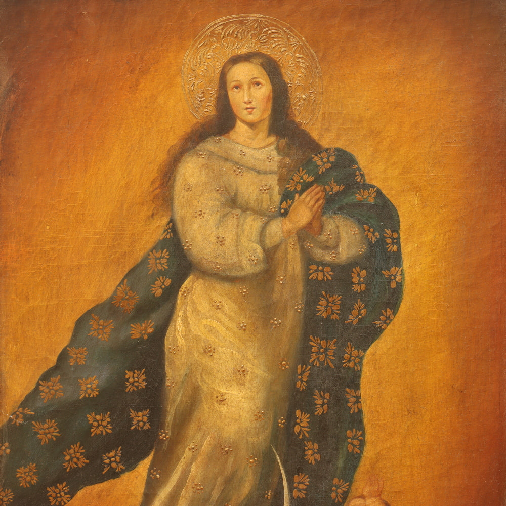 AW319: Madonna Spanish Colonial Style Oil on Canvas Painting