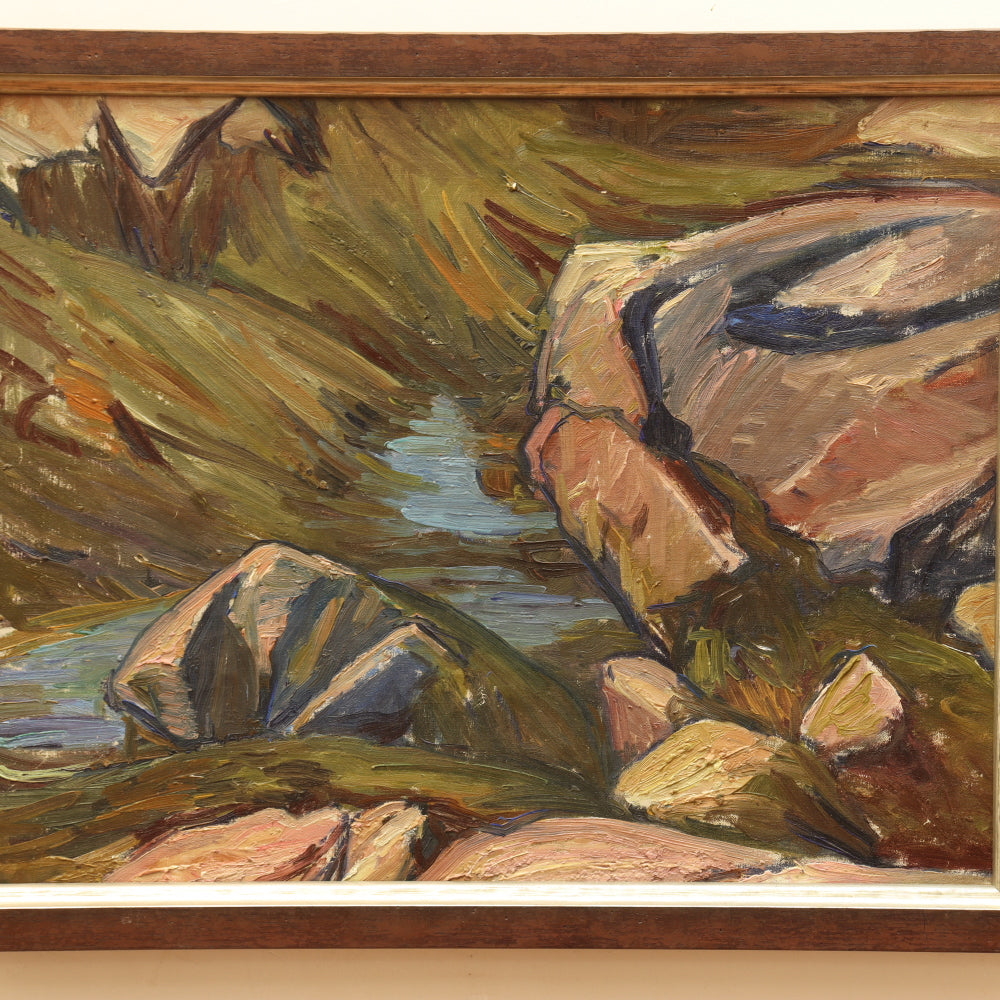 AW836: Agnes Richmond Modernist River Side Landscape Oil on Canvas Painting Circa 1940