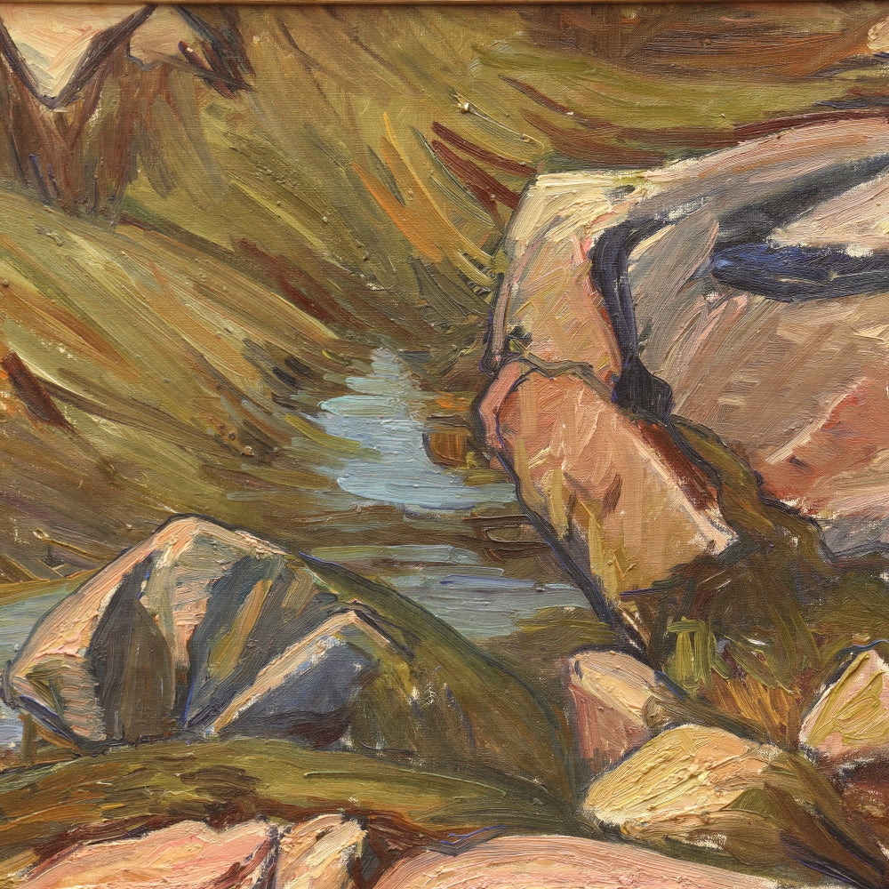 AW836: Agnes Richmond Modernist River Side Landscape Oil on Canvas Painting Circa 1940