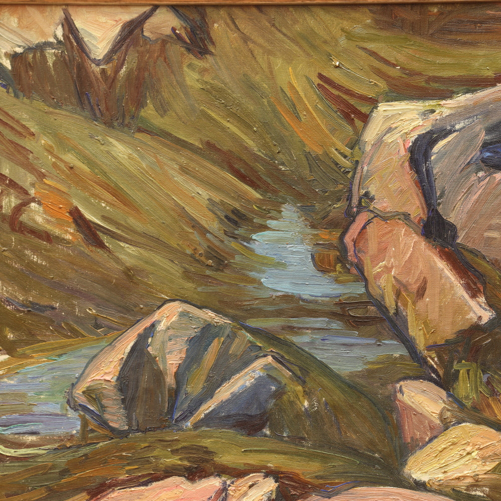 AW836: Agnes Richmond Modernist River Side Landscape Oil on Canvas Painting Circa 1940