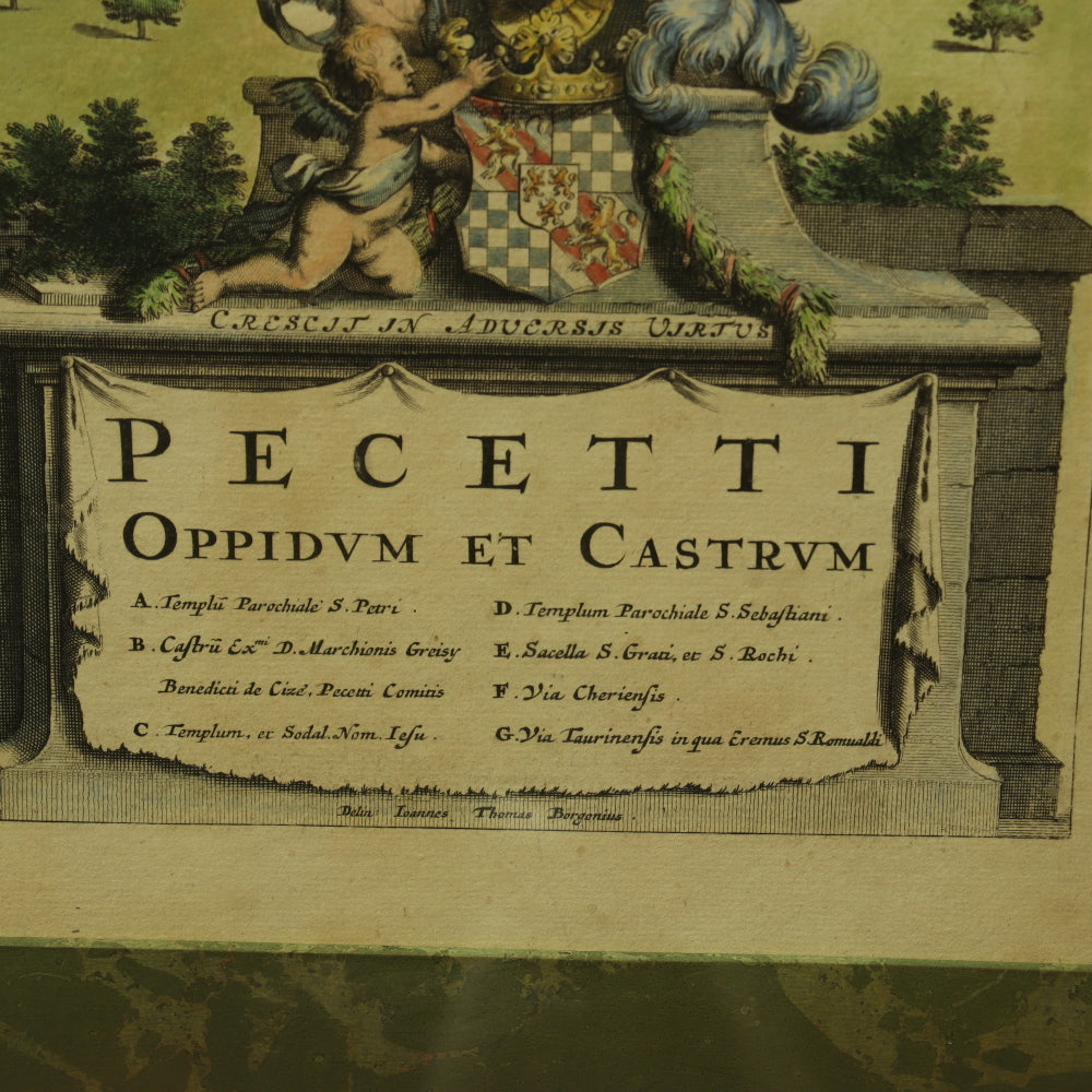 AW7-070: Antique 17th Century Colored Engraving of Pecetti Oppidvm Et Castrvm  by Giovanni Tommasco Borgonio (1620 - 1683)