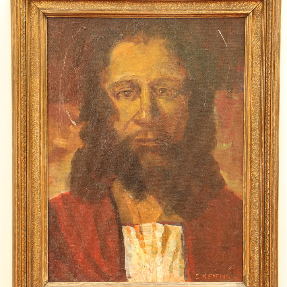 AW837: C. Keating Depiction of Christ Oil on Board Early 20th Century