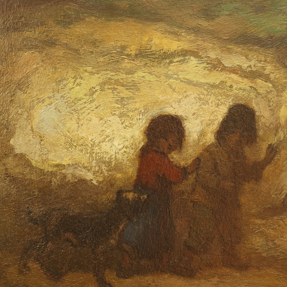 AW384: Eugene Higgins Children and Dog Oil on Board Painting