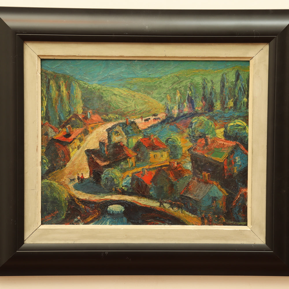 AW839: Marino Marini Modernist European Village Scene Oil on Board Painting