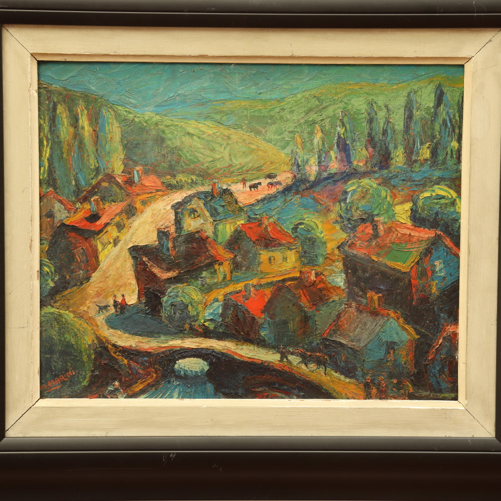 AW839: Marino Marini Modernist European Village Scene Oil on Board Painting