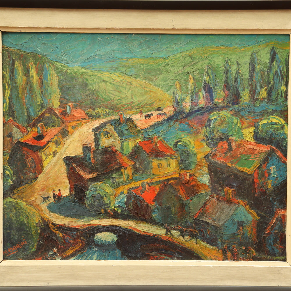 AW839: Marino Marini Modernist European Village Scene Oil on Board Painting