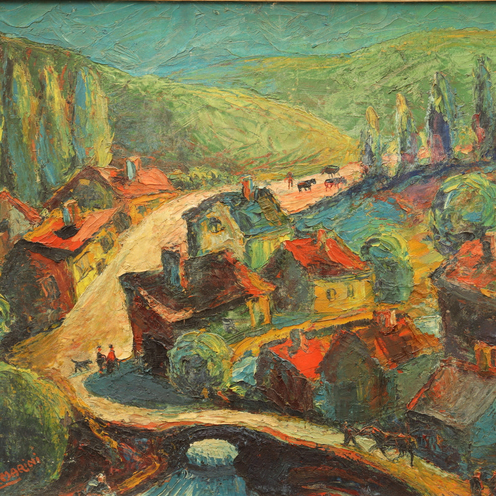 AW839: Marino Marini Modernist European Village Scene Oil on Board Painting